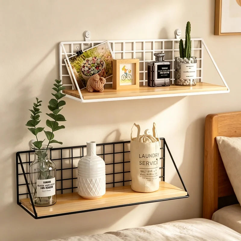 Wall Mounted Wooden Shelves Without Drilling for Living Room & Bedroom Storage