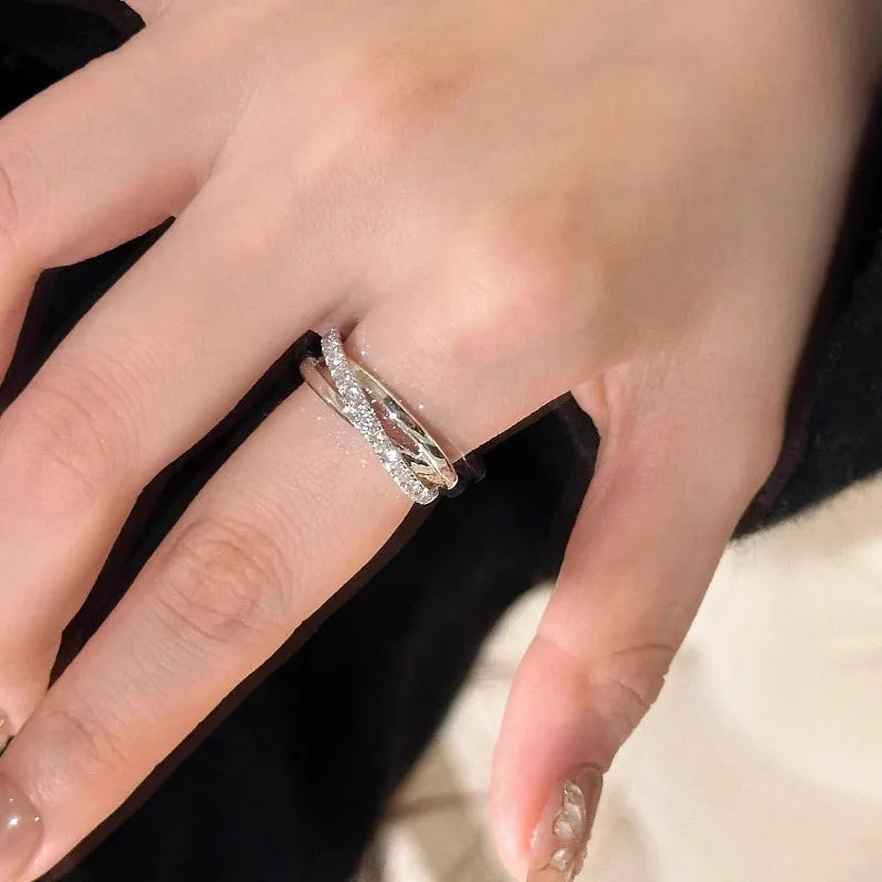 Sterling Silver Layered Cross Ring for Women Zircon Jewelry Gift