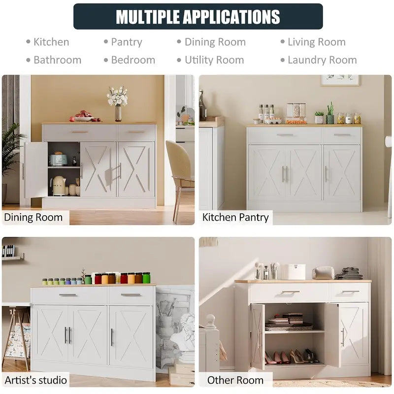 Kitchen Buffet Sideboard Cabinet with 3 Doors & 2 Drawers - White Storage for Living Room