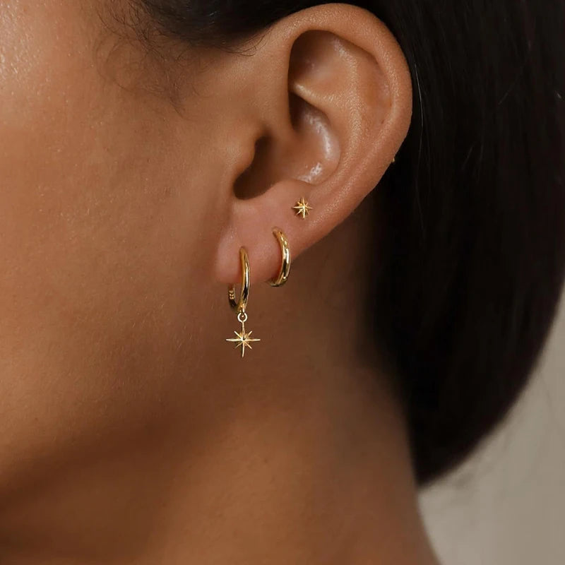 3 Piece Star Drop Earrings Set for Women and Men - Stainless Steel, Gold Plated, Dangle Jewelry