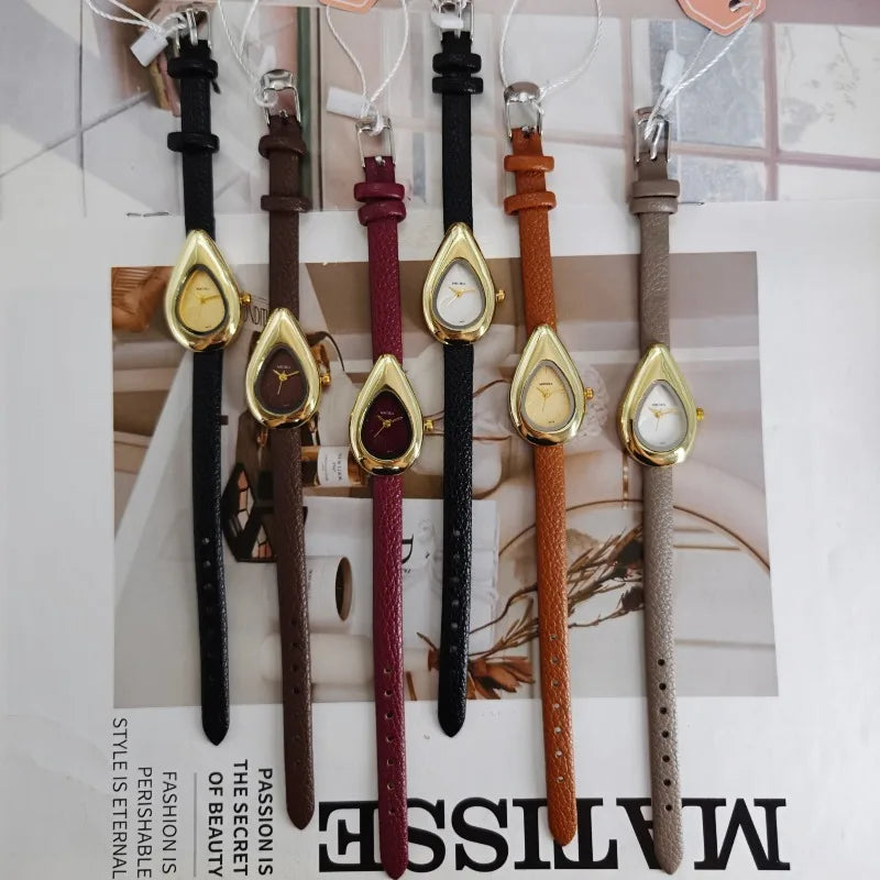 Irregular Water Drop Dial Quartz Watch for Women Retro Leather Strap Dress Watch