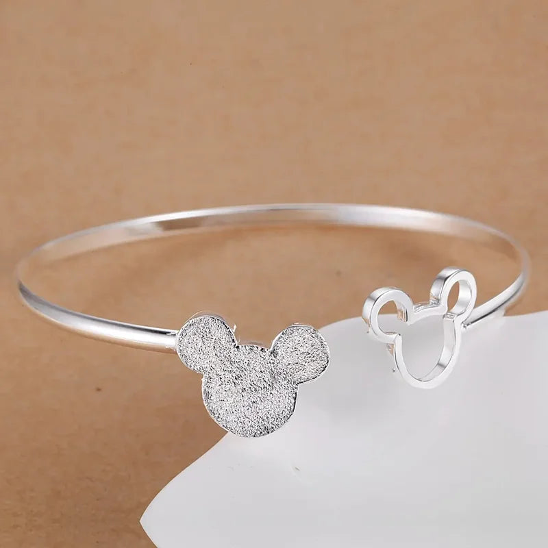 925 Sterling Silver Mickey Bangle Bracelets for Women - Frosted Jewelry Gift