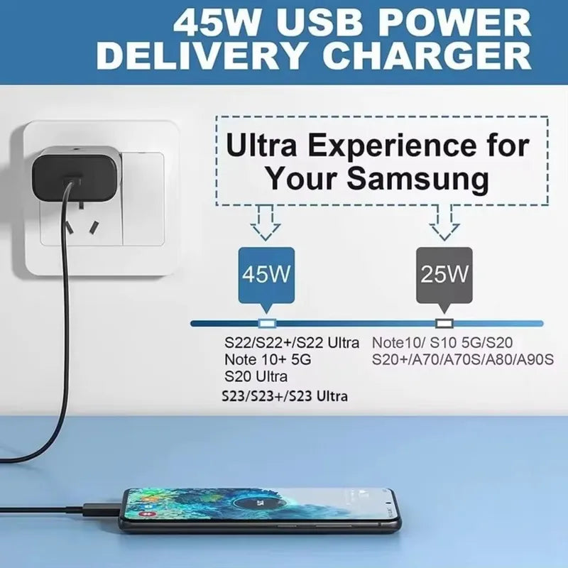 PD 45W USB-C Fast Charger with 2m Quick Charging Cable for Samsung Galaxy
