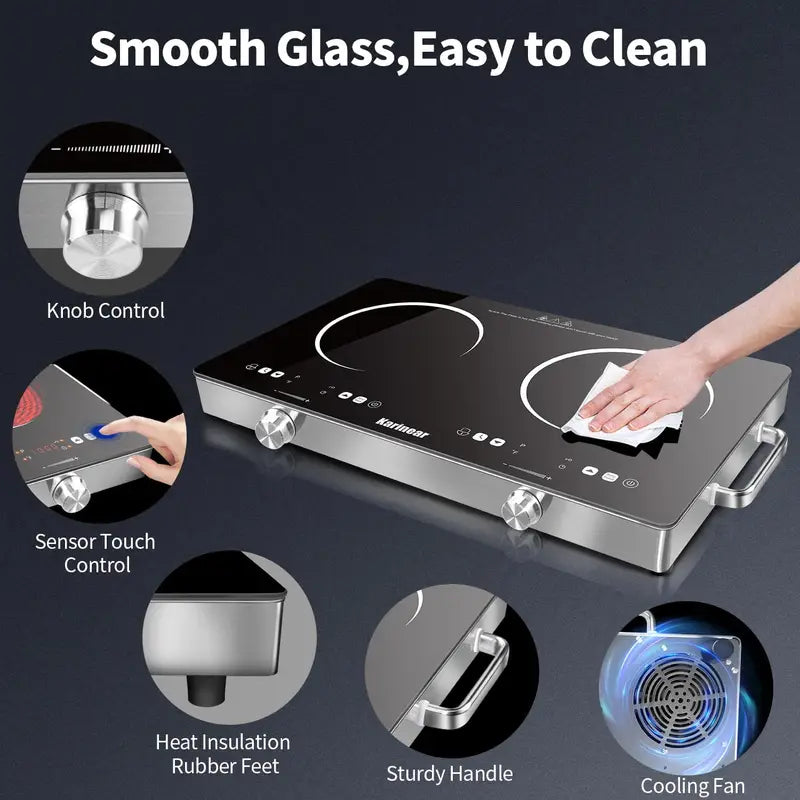 Portable Ceramic Electric Hob 2 Zones 3200W with Safety Lock & Touch Control