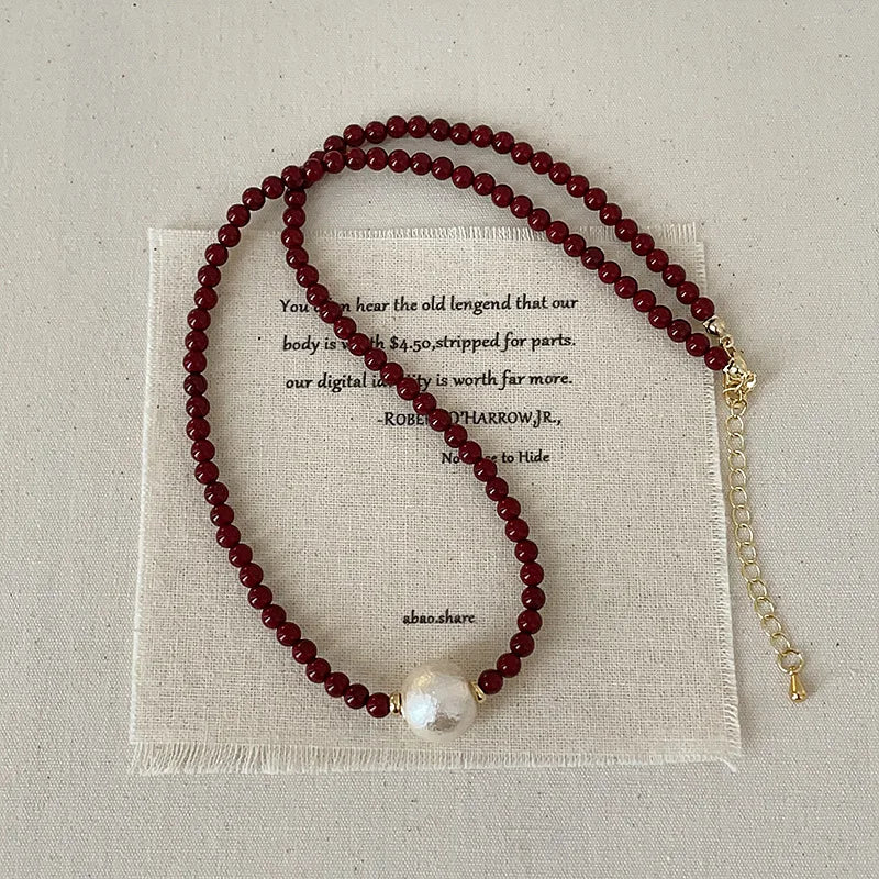 French Silver Water Wave Chain with Red Agate Beads Heart Pendant for Women