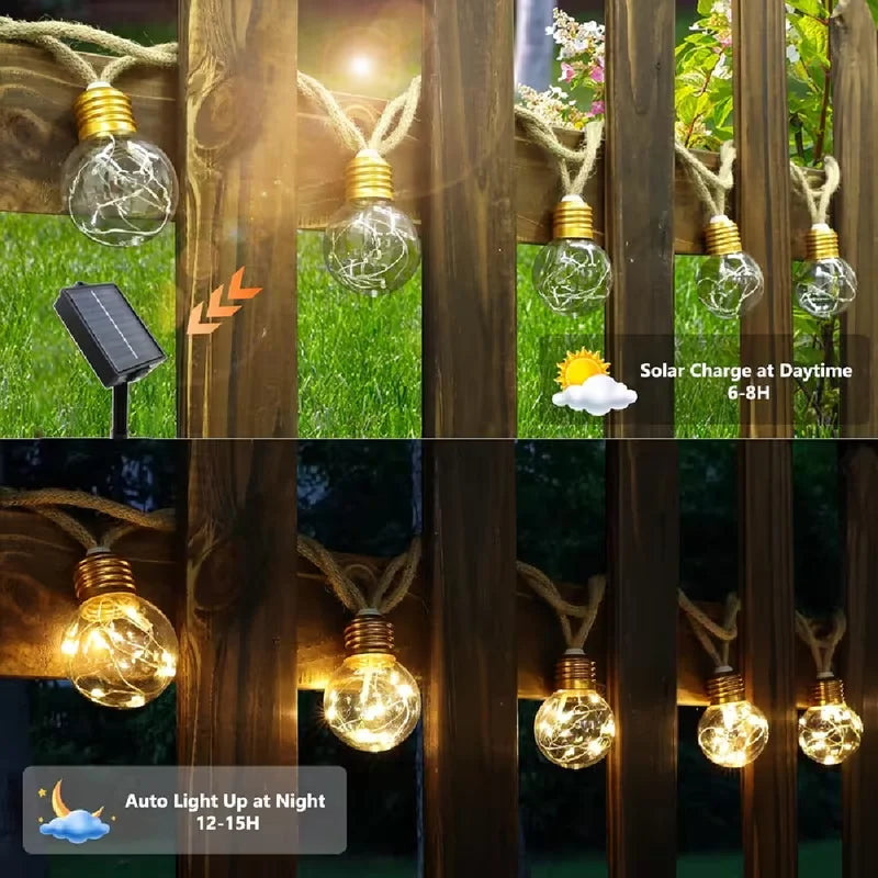 Solar Powered Rope String Lights Outdoor Garden Decor with 8 Modes - Hemp & Plastic Bulbs