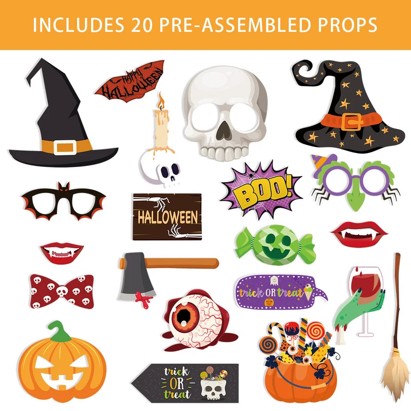 20pcs Halloween Photo Booth Props Set Spooky Skull Pumpkin Selfie Costume Party Decor