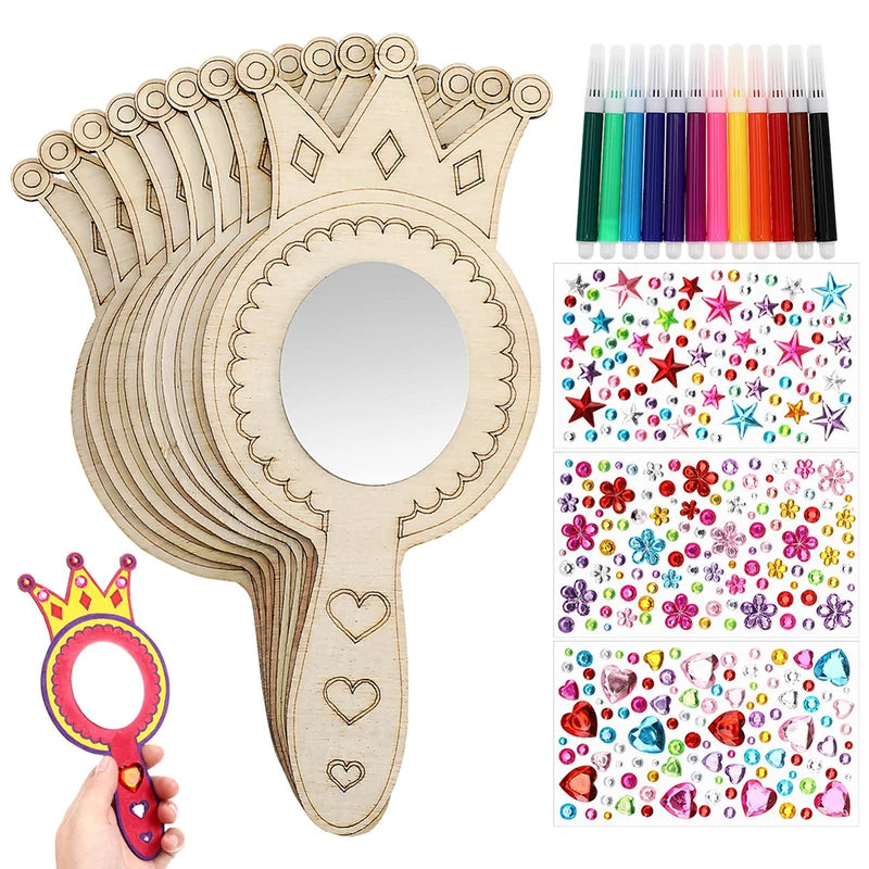 Wooden Handheld Mirror Craft Kit with Coloring Pens for Kids - 23 Pieces