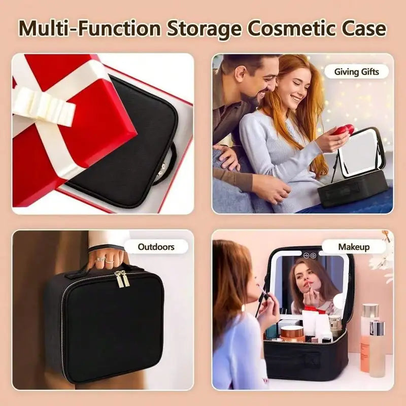 Travel Makeup Bag with LED Lighted Mirror, Large Capacity Rechargeable Cosmetic Organizer Case for Women