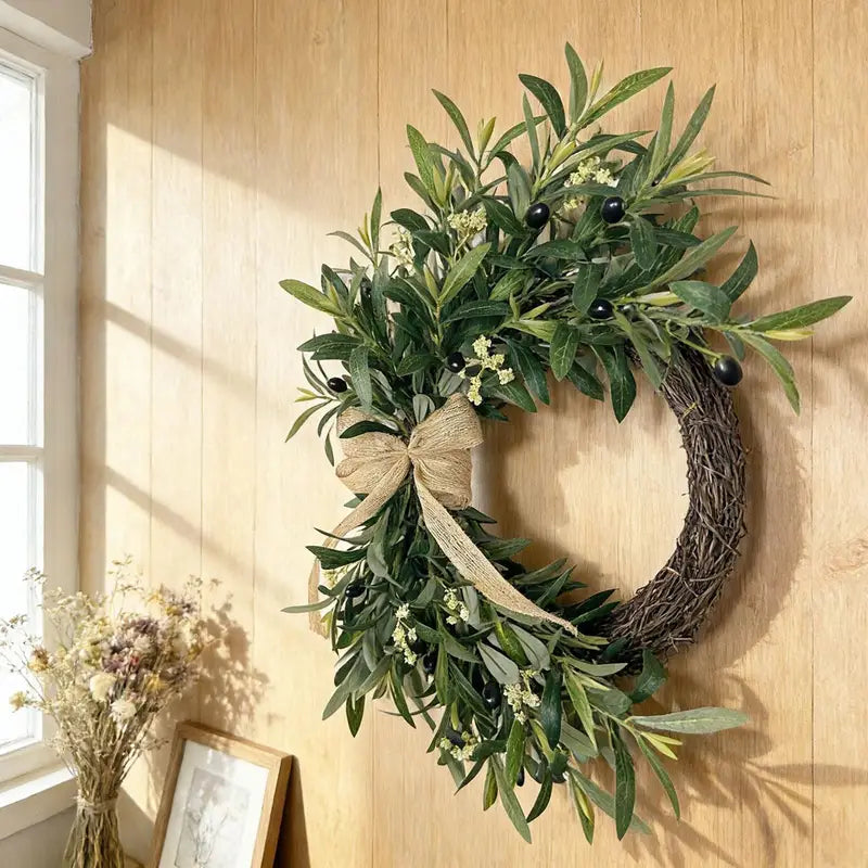 Artificial Greenery Spring Wreath with Olive Leaves and Bow for Front Door & Indoor Decor