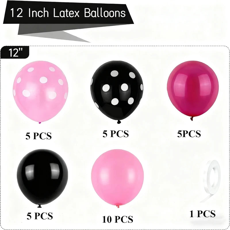 12-Inch Black and Pink Polka Dot Latex Balloons Set for Birthday Party Decorations