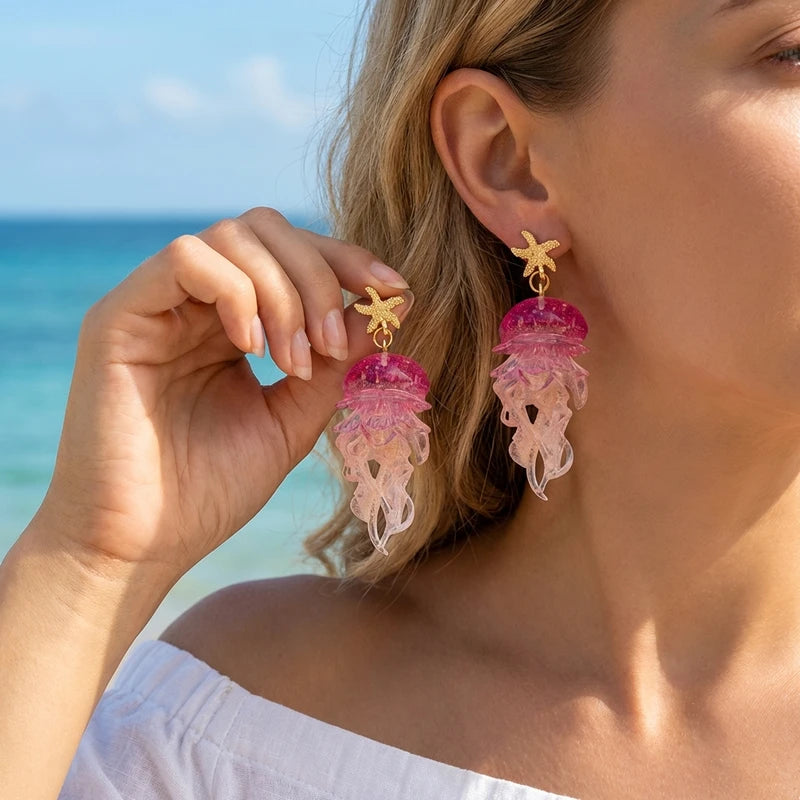 Ocean Starfish Jellyfish Acrylic Earrings for Women - Summer Vacation Style Jewelry