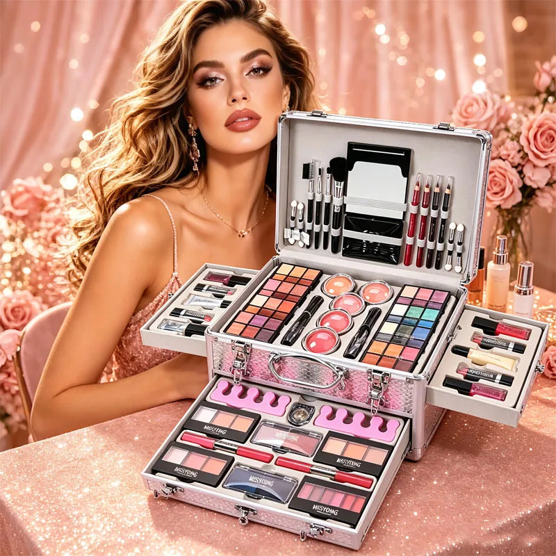 All-In-One Makeup Gift Set with Mirror, Lipstick, Eyeshadow, Blush & Tools - Perfect for Beginners & Teenagers