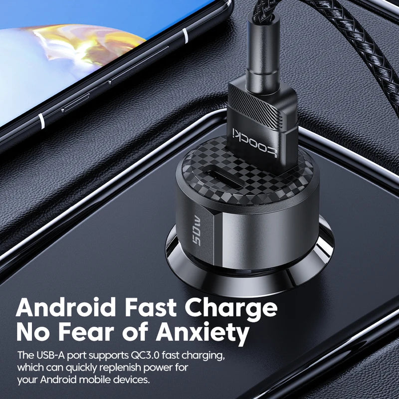 50W Dual Port Car Charger Fast Charging USB-C & USB-A for Smartphones & Devices