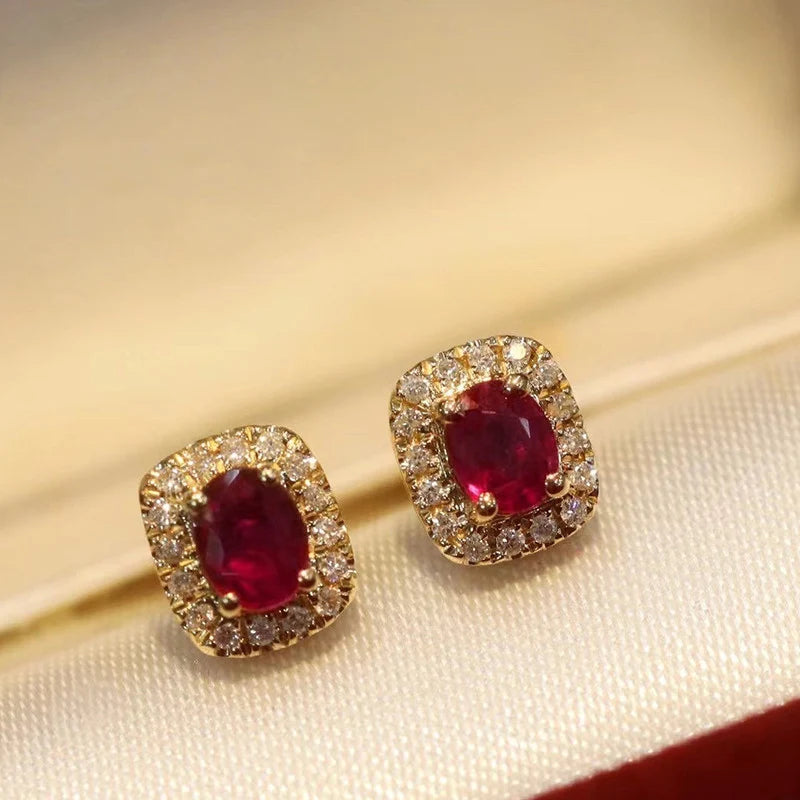 Elegant Red Cubic Zirconia Stud Earrings in Gold Tone - Wedding Jewelry for Women