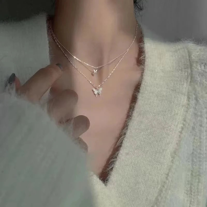 Shiny Butterfly Necklace for Women Double Layer Clavicle Chain Jewelry Gift