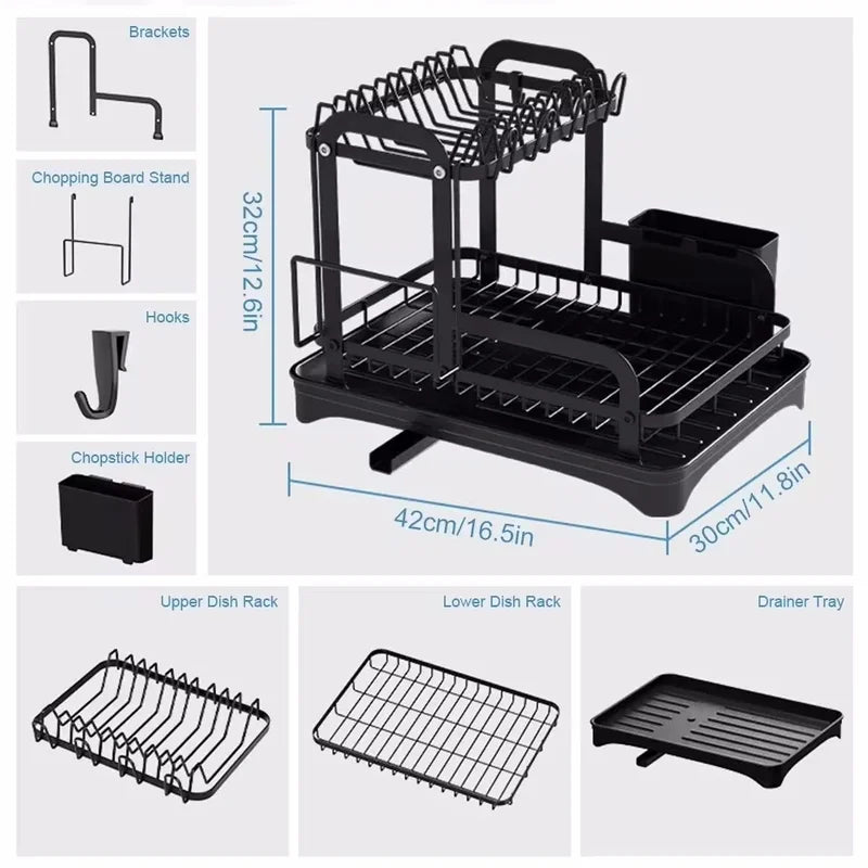 2-Tier Dish Drying Rack with Drain Basket Kitchen Countertop Organizer