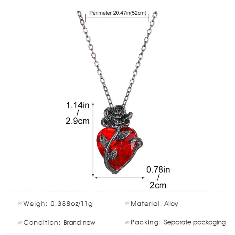 Gothic Rose Red Heart Necklace for Women Y2K Grunge Jewelry Dainty Pendant