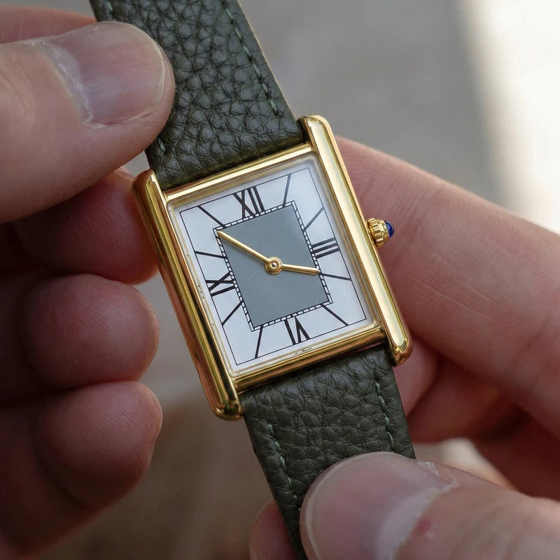 Luxury Minimalist Square Watch - Gold Case, Grey Dial, Green Strap