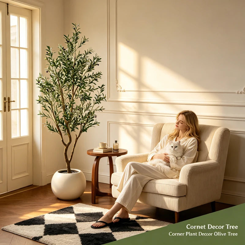Artificial Olive Tree Indoor Floor Plant - 5.25FT, 6.10FT, 7.10FT Tall Faux Tree with Natural Trunk and Lifelike Fruits