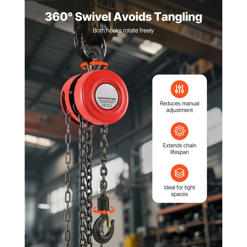 Manual Chain Hoist with 2200/4400 lbs Capacity & Adjustable Lifting Heights