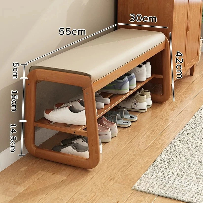 Solid Wood Shoe Changing Stool with Multi-Layer Shoe Storage - Household Shoe Rack