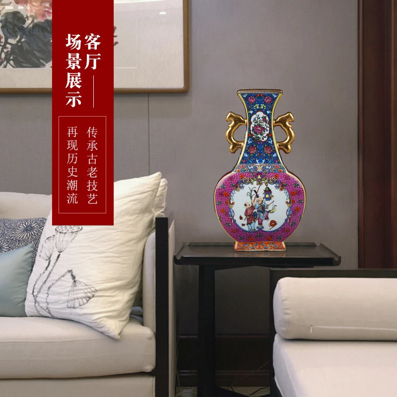 Ceramic Enamel Vase for Home Decor - Antique Chinese Living Room Ornaments