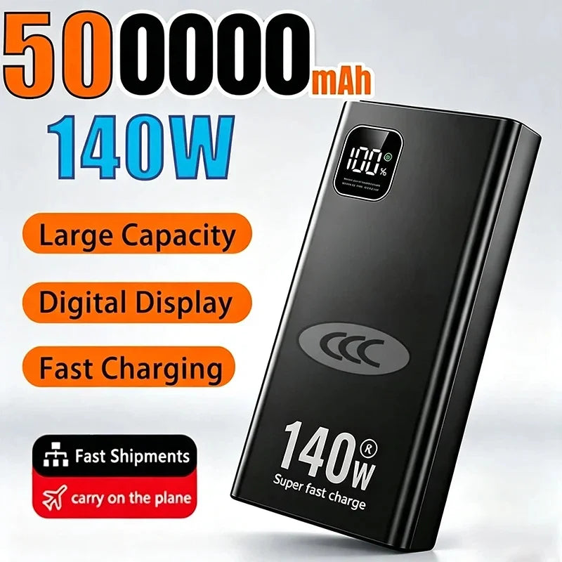 High-Capacity 140W 500000mAh Power Bank Fast Charging Portable Charger for Smartphones