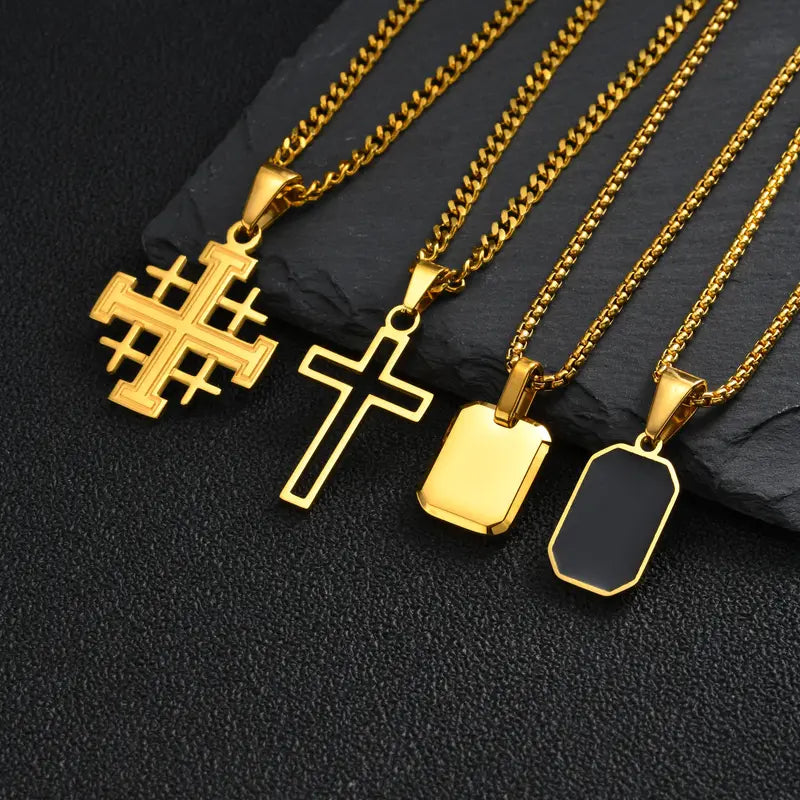 Men's Geometric Cross Pendant Necklace - Silver Plated Stainless Steel Jewelry