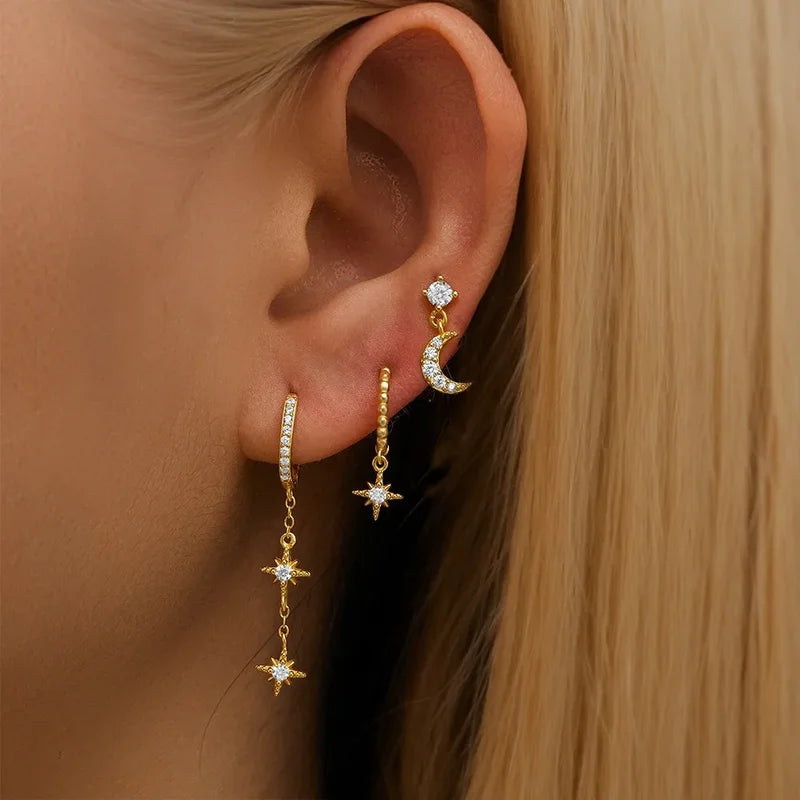 3-Pack Gold Color Stainless Steel Moon Star Zircon Stud Earrings for Women Jewelry Set