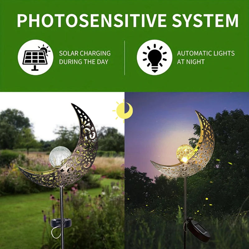 Solar Garden Lights Outdoor Decor Moon Fairy Crackle Glass LED Stake Light