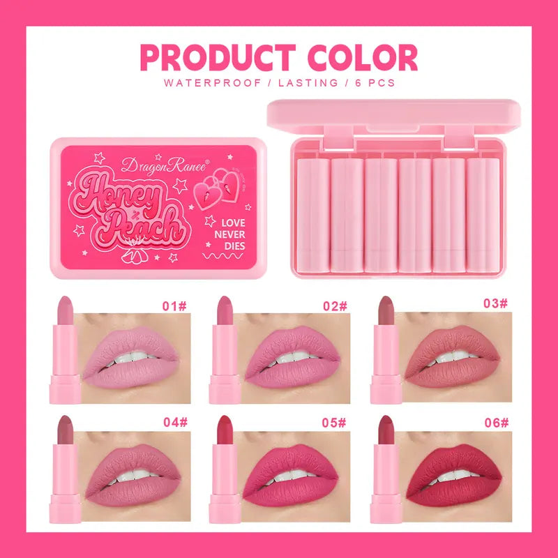 Matte Waterproof Lipstick Set - Velvet Texture, Non-Stick, Easy Application, 6 Pieces