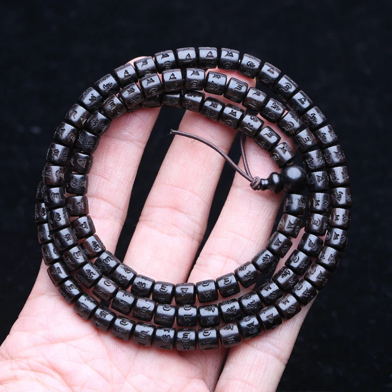 Natural Ebony Prayer Wheel Necklace with 108 Beads and Six-Character Mantra - Tibetan Buddhist Jewelry