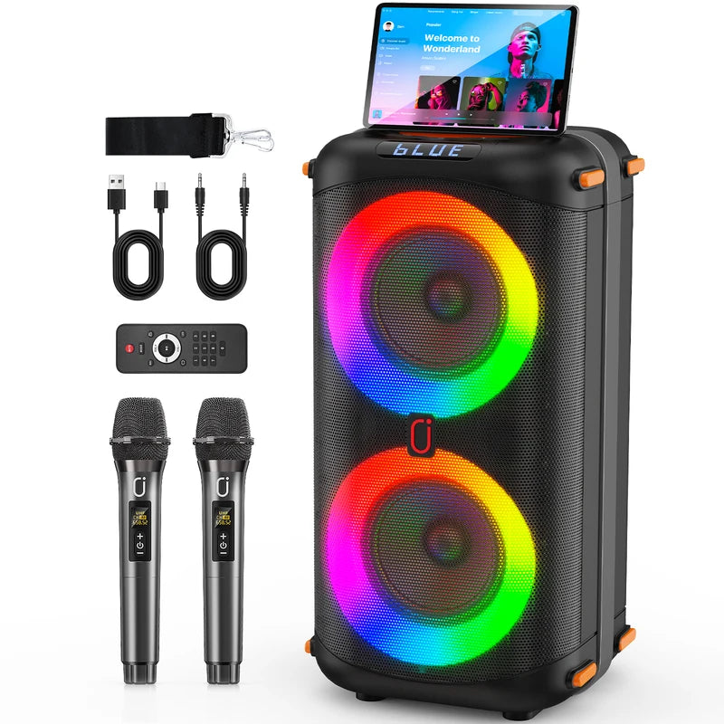 Wireless Bluetooth Karaoke Speaker with 2 Microphones, LED Lights, TWS Stereo, 24H Battery