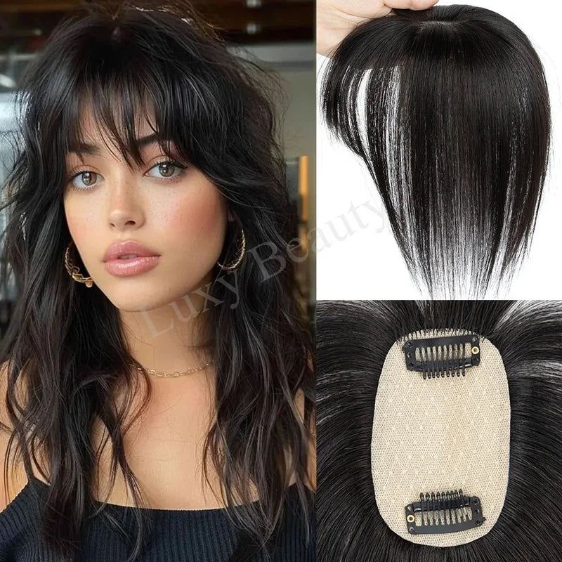 Human Hair Topper with Bangs for Women Clip-In Hairpiece 8-14 Inches, Natural Black Blonde Highlights