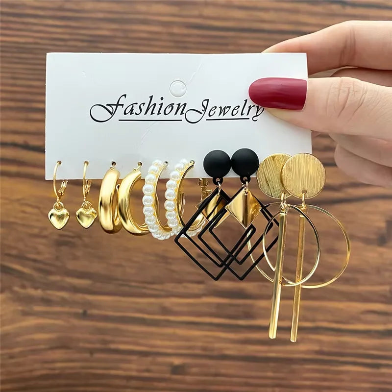 Geometric Hoop Earrings Set for Women Vintage Bohemian Pearl Gold Jewelry Gift