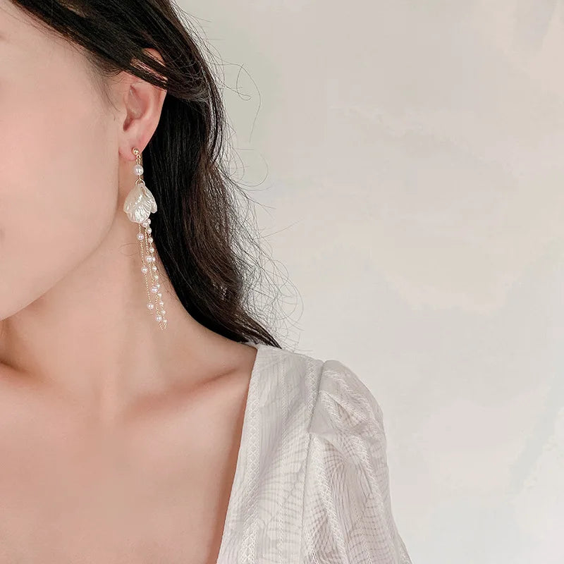 Long Pearl Clip Earrings with Tassel No Hole Shell Imitation Jewelry for Women