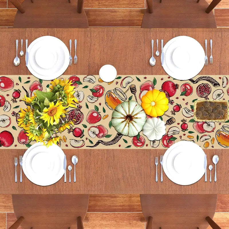 Linen Table Runner for Holidays Weddings & Events - Pomegranate Honey Shofar Design