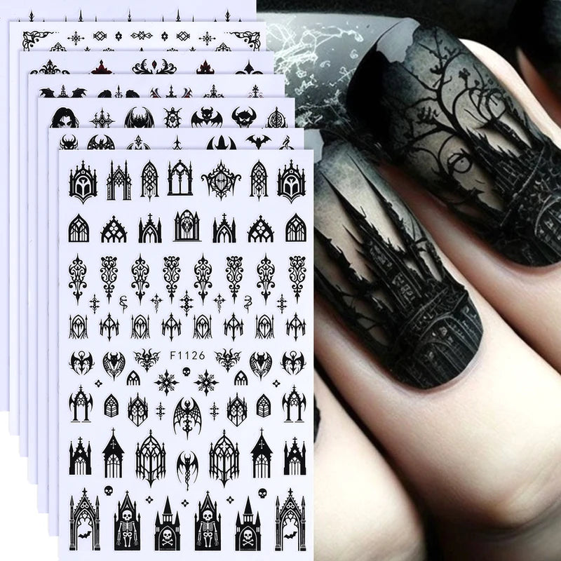 Halloween Gothic Nail Stickers 3D Letter Lace Skull Castle Manicure Decor