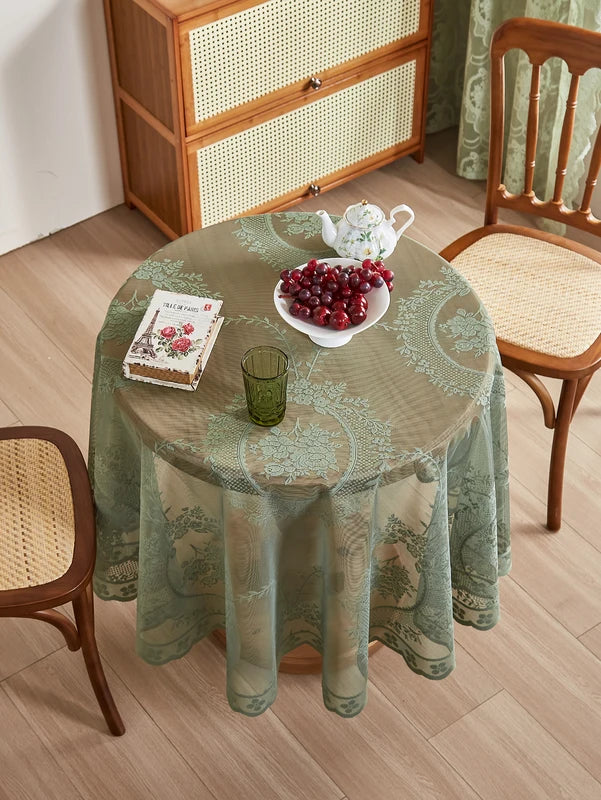 Green Round Mirror Flower Lace Tablecloth for Living & Dining Room Decor