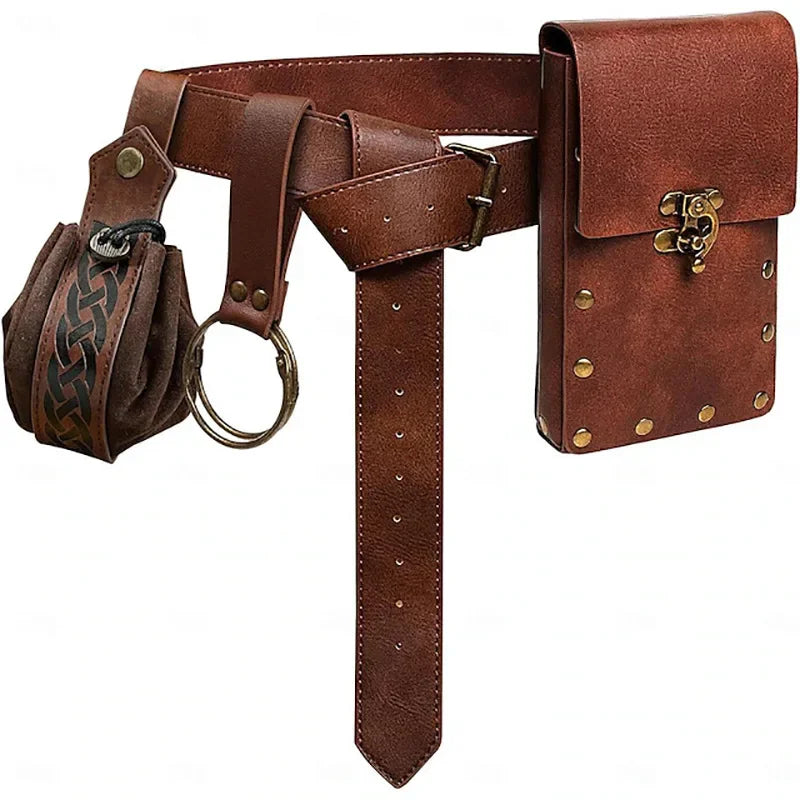 Medieval Cosplay Leather Belt Set with Copper Coin Waist Bag - Multiple Colors