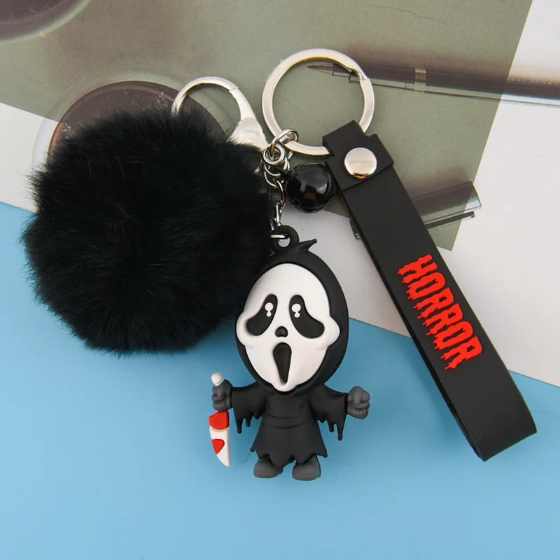 Creepy-Cute Ghost Keychain with Black Fur Ball Gothic Charm Halloween Accessory