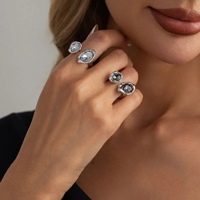 Minimalist Acrylic Rhinestone Geometric Silver Ring for Women - Daily Jewelry