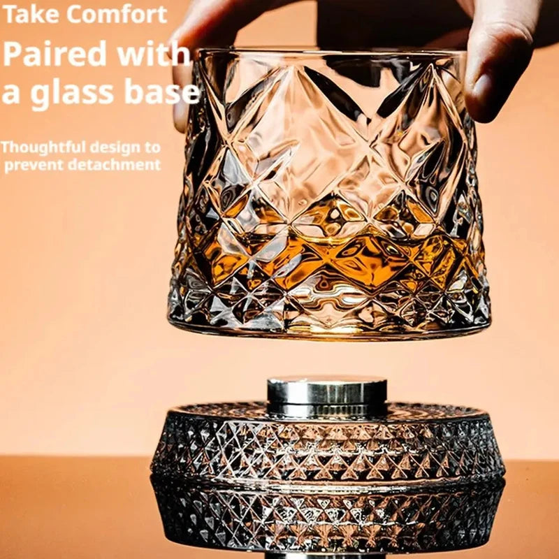 Rotating Whiskey Glass Set 2PCS with Glass Base 360° Spin for Cocktails & Rum
