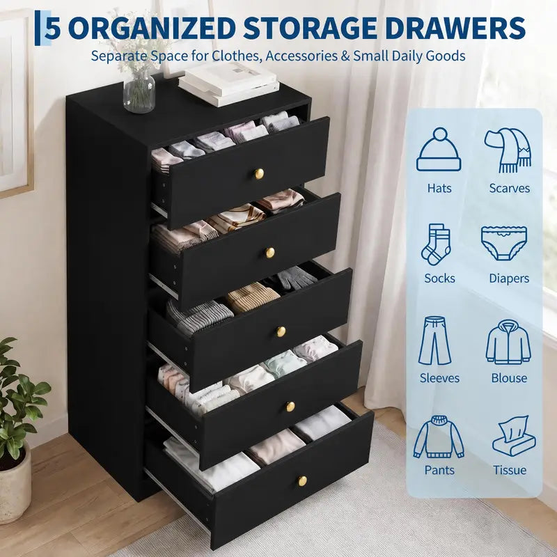 5-Drawer Tall Storage Cabinet for Living Room & Bedroom with Gold Handles