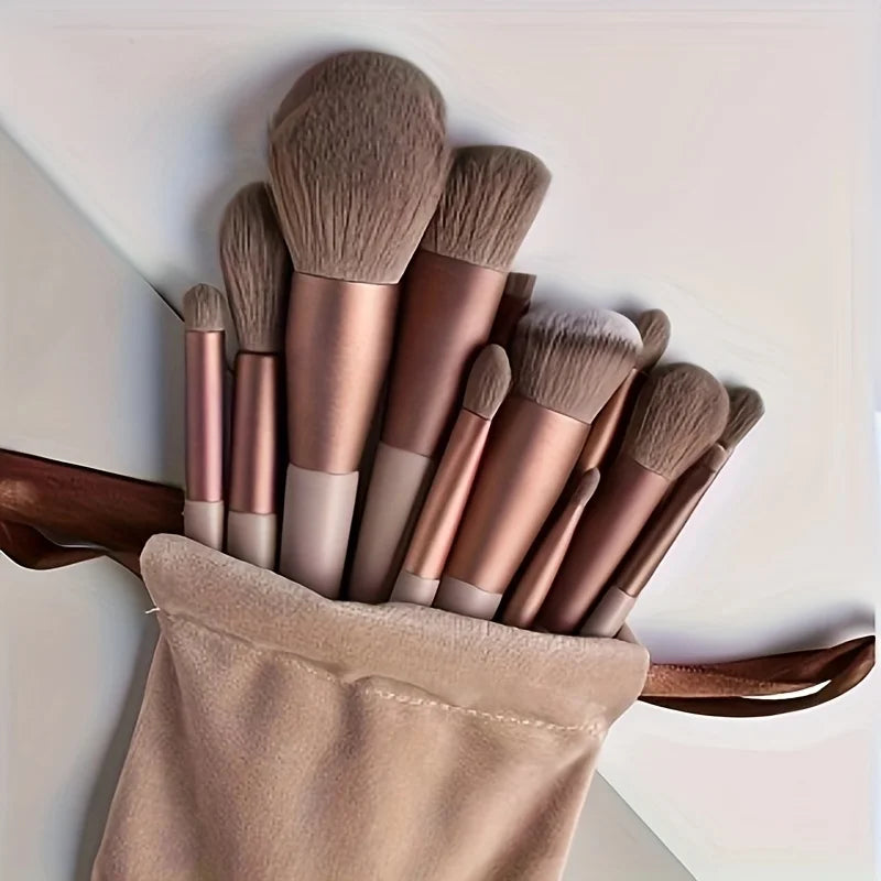 13-Piece Vegan Makeup Brush Set with Hybrid Fiber Bristles and Gift Pouch - Luxury Cosmetic Tools for Beginners and Pros