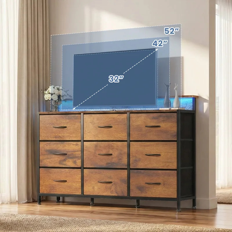 Living Room TV Stand Cabinet with 9 Fabric Drawers and Wood Top, Modern Media Console