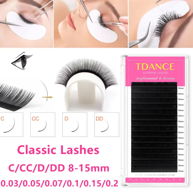 16-Row Classic Faux Eyelash Extensions - Natural, Dark Black, Soft for Professional Use