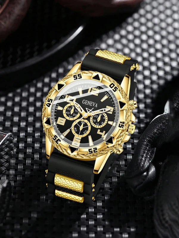 Casual Men's Quartz Watch & Chain Ring Set - Stylish Daily Accessory Combo