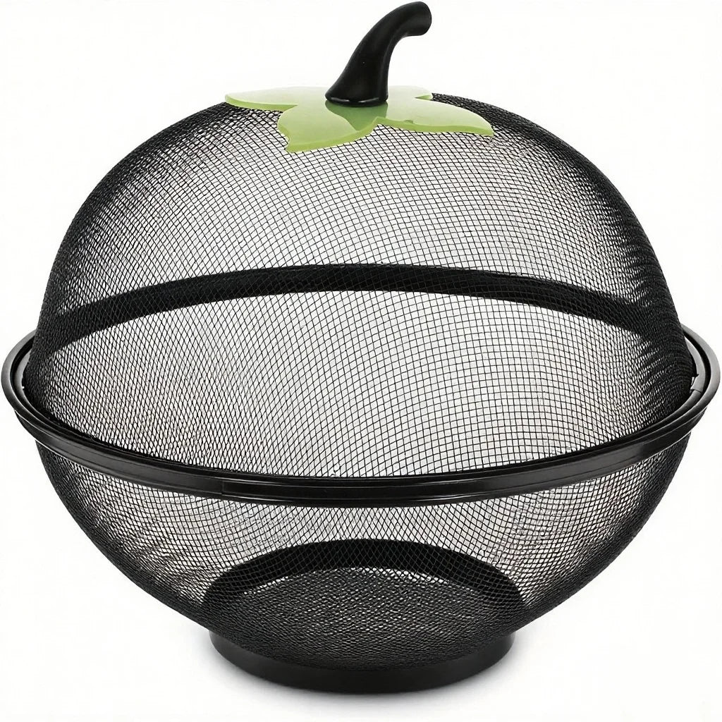 Heavy-Duty Metal Fruit Basket with Mesh Lid - Apple-Shaped Food Storage Container